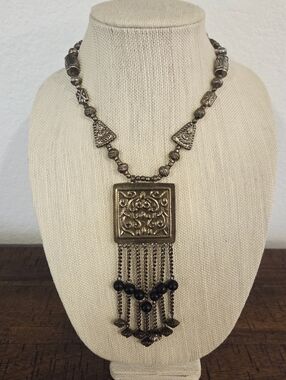 Vintage Antique Silver Tone Sqare Amulet Necklace Pendant